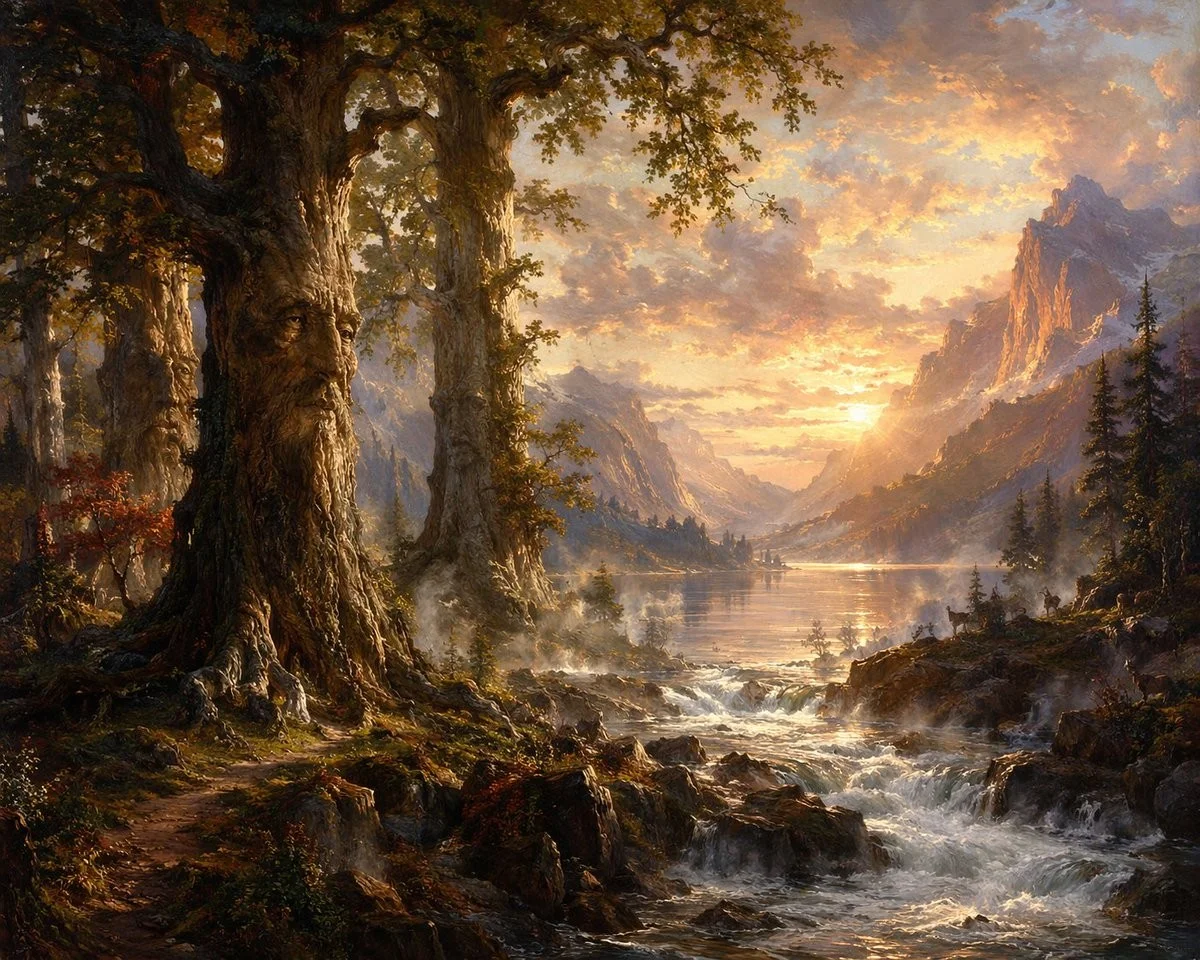 Ancient Tree Guardians at Sunset