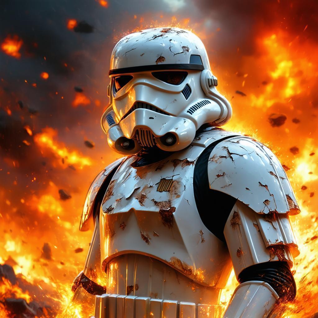 Battle Scarred Anime Stormtrooper Amid Fiery Explosions