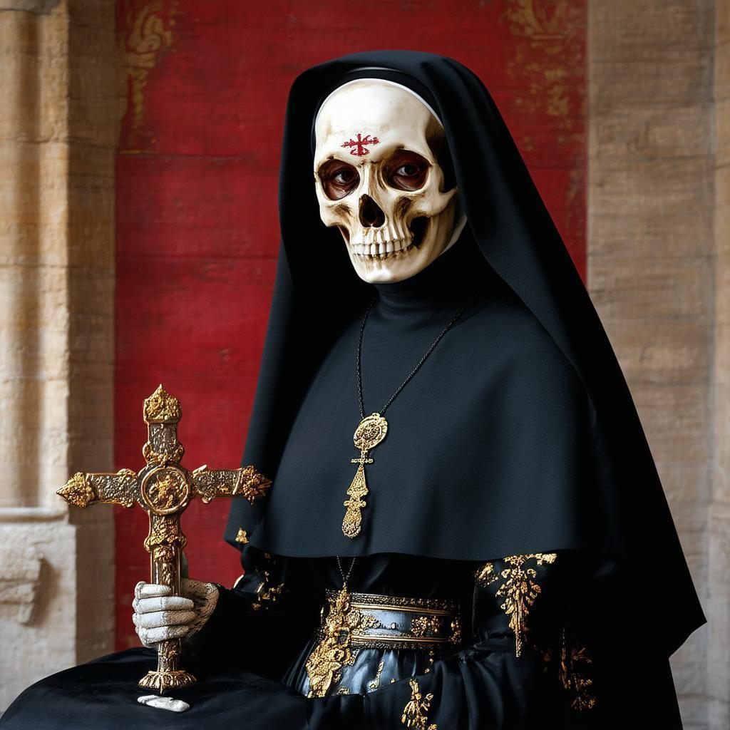 Skull Helmed Gothic Nun in Red and Gold