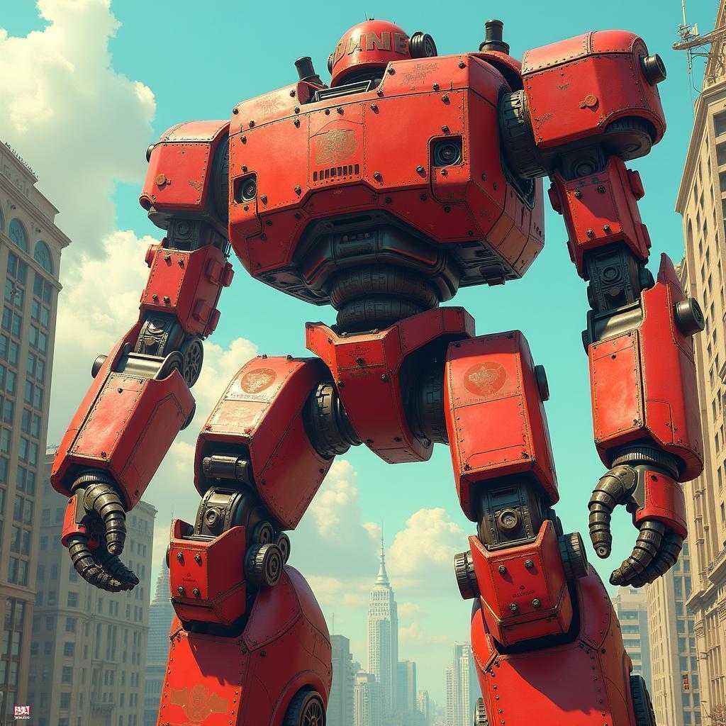 Steampunk Red Robot Towering in Gouache City