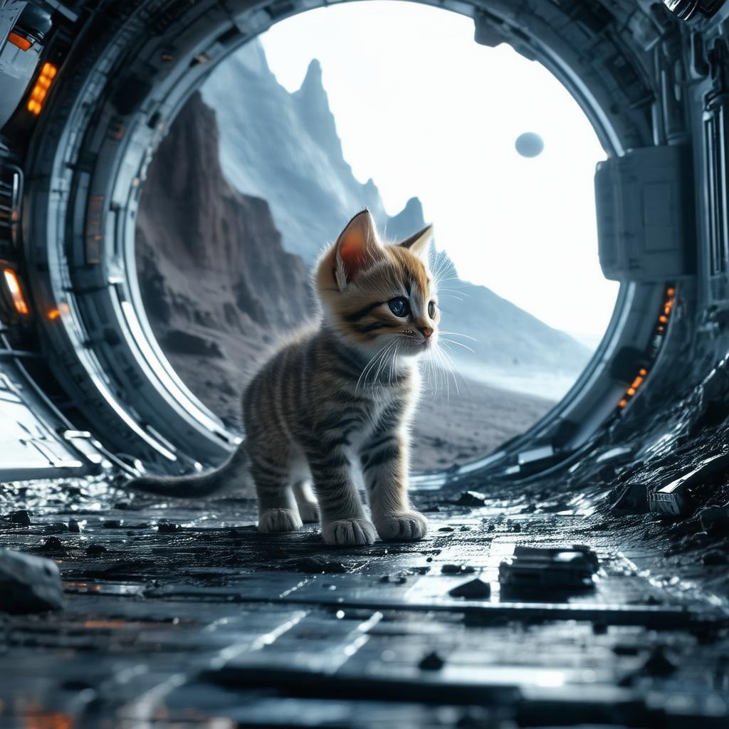 Kitten Standing on a Crashed Sci Fi Wreck