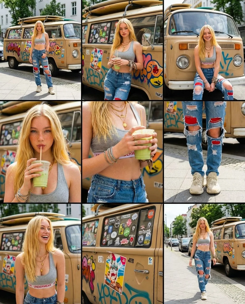Vintage Van Blonde Girl Lifestyle Collage
