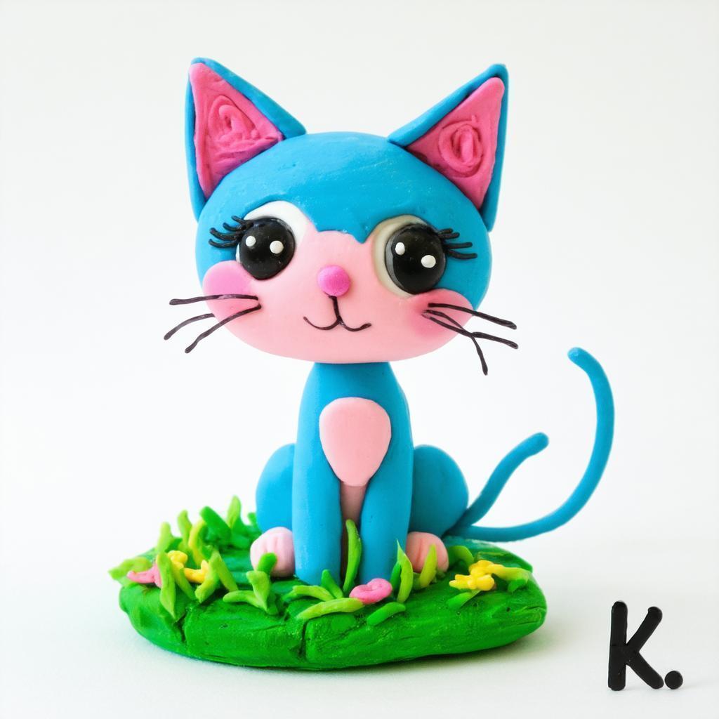 Whimsical Blue Pink Clay Kitten on Grass