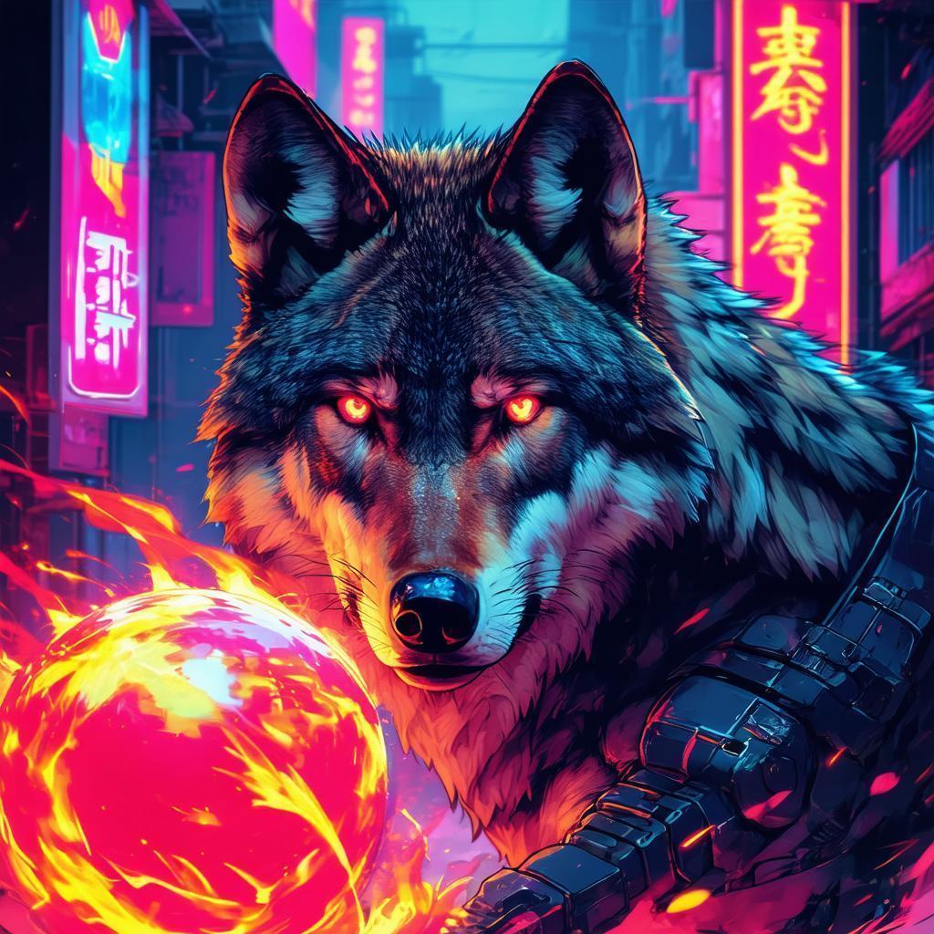 Fire Casting Dark Wolf Amid Cyberpunk Neon