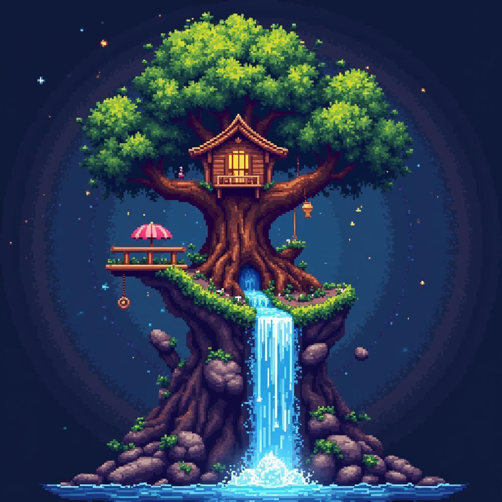 Pixel Treehouse in a Neon Blue Pink Tree