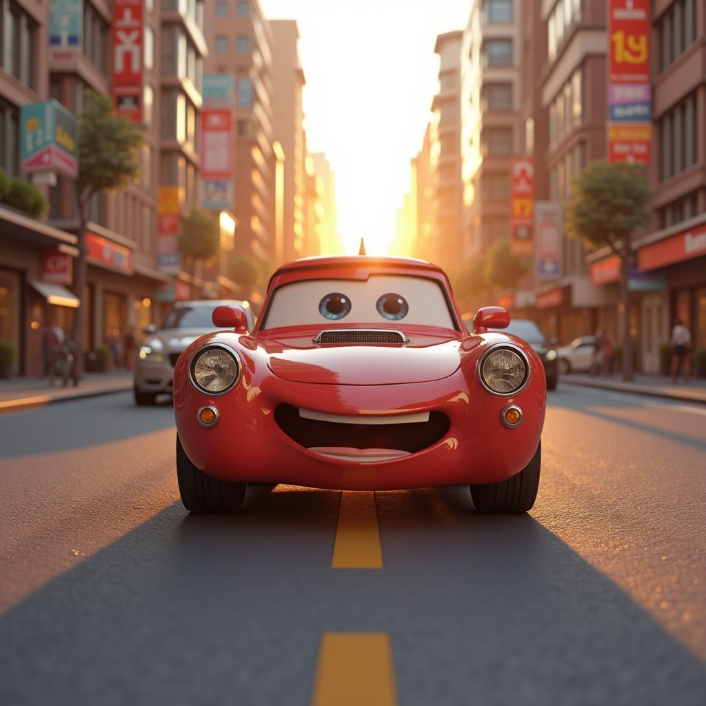 Friendly Car Cruising a Golden Hour Metropolis