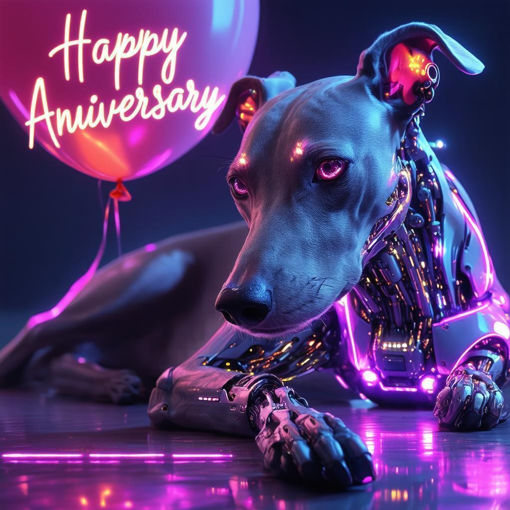 Neon Greyhound With a Happy Anniversary Balloon