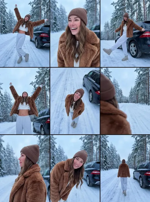 3x3 Grid Collage of Young Woman in Winter Forest