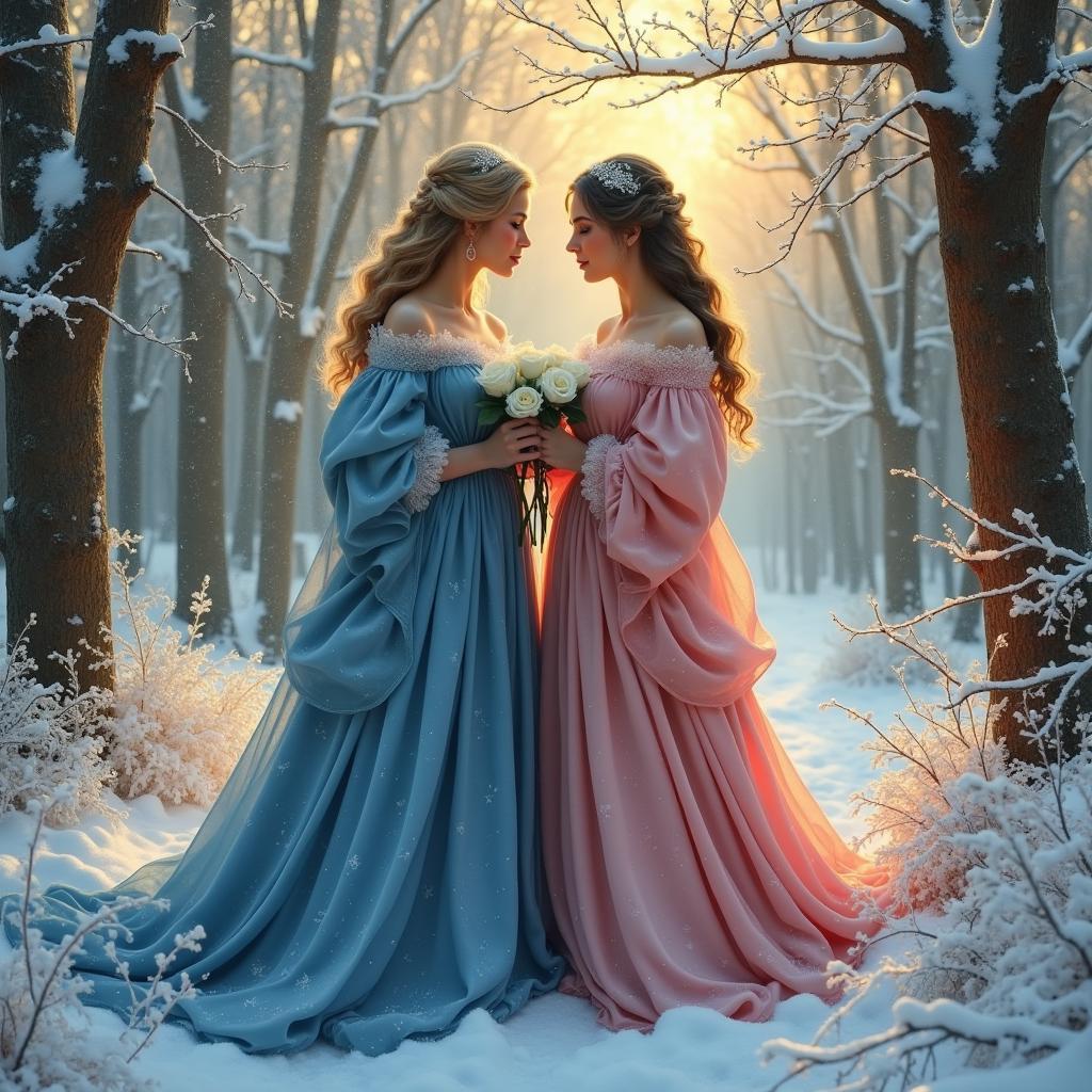 Renaissance Lovers With White Roses in Snow