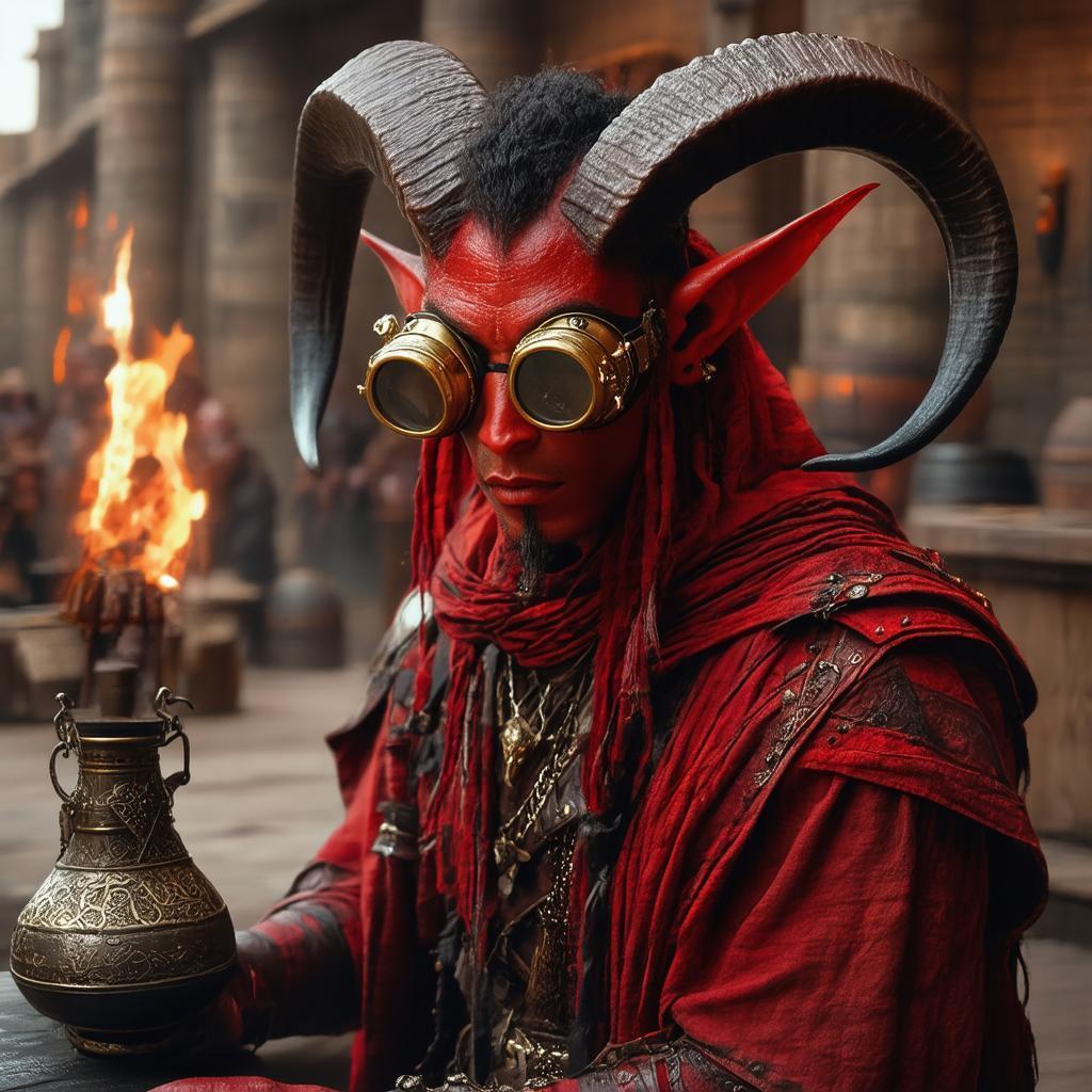 Ominous Tiefling Alchemist in Gold Rimmed Goggles