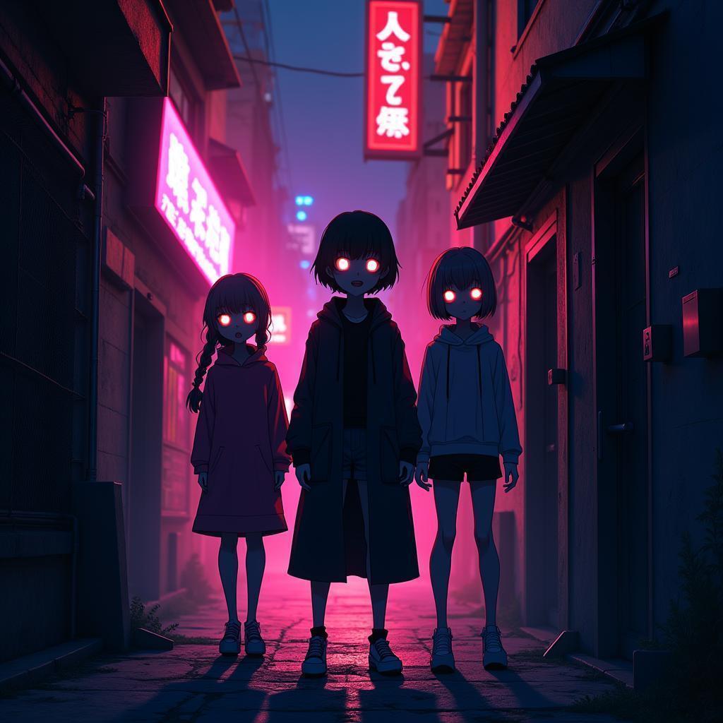 Shadowy Figures Haunting a Neon Anime Alley