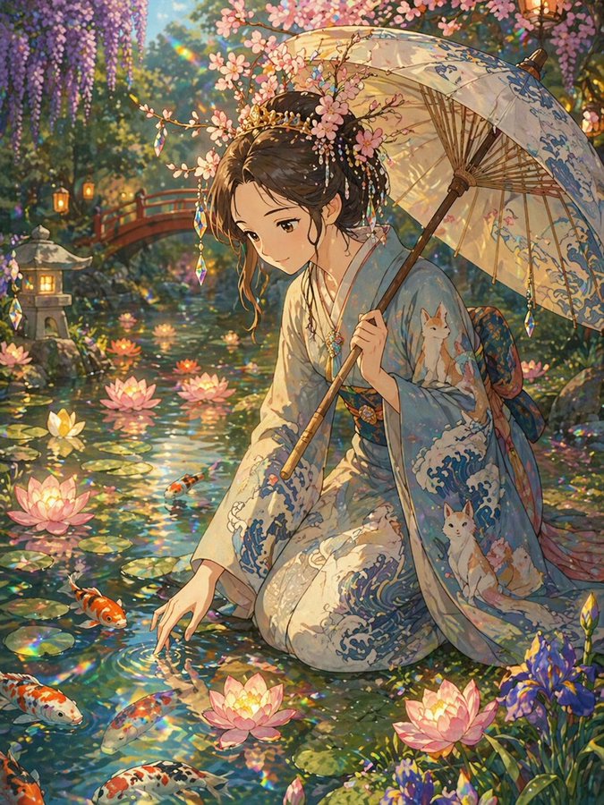 Dreamy Kimono Woman by a Koi Pond