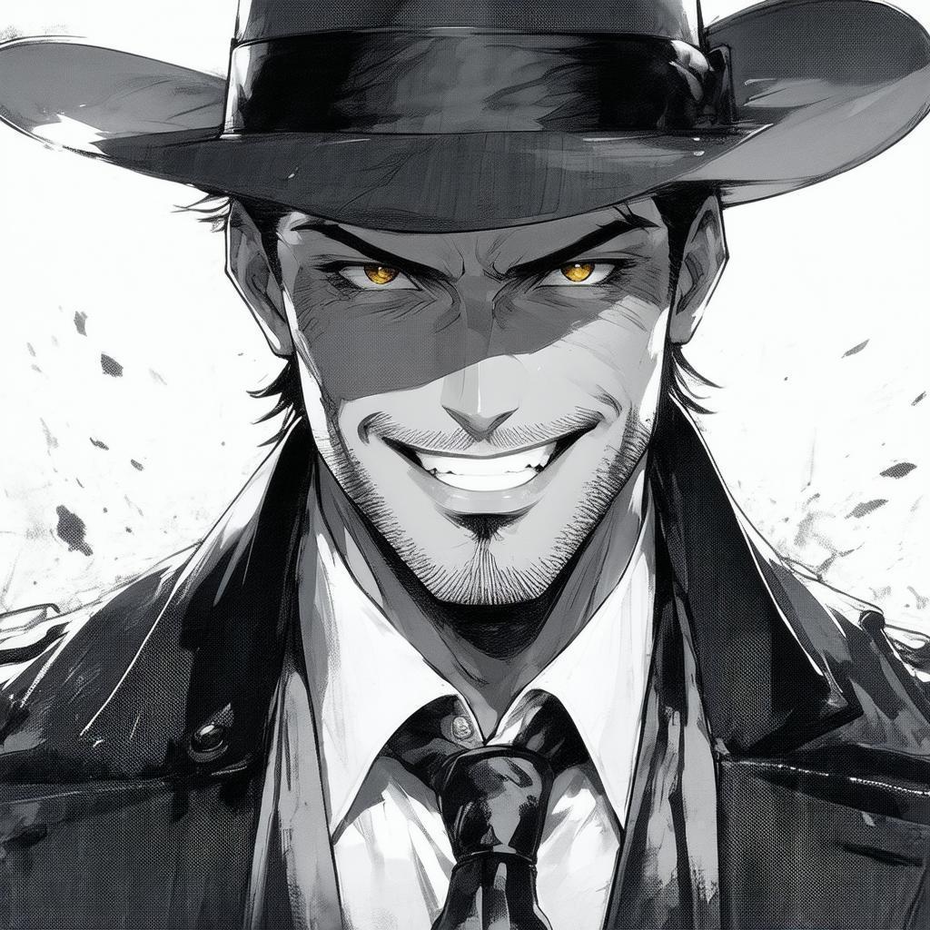 Cheerful Mafia Man in Monochrome Anime Fedora