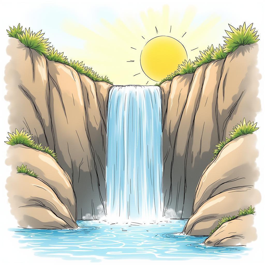 Sunny Waterfall Sketched in Delicate Line Shading