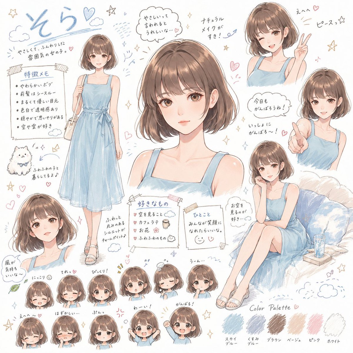 Pastel Bob-Haired Girl Character Sheet