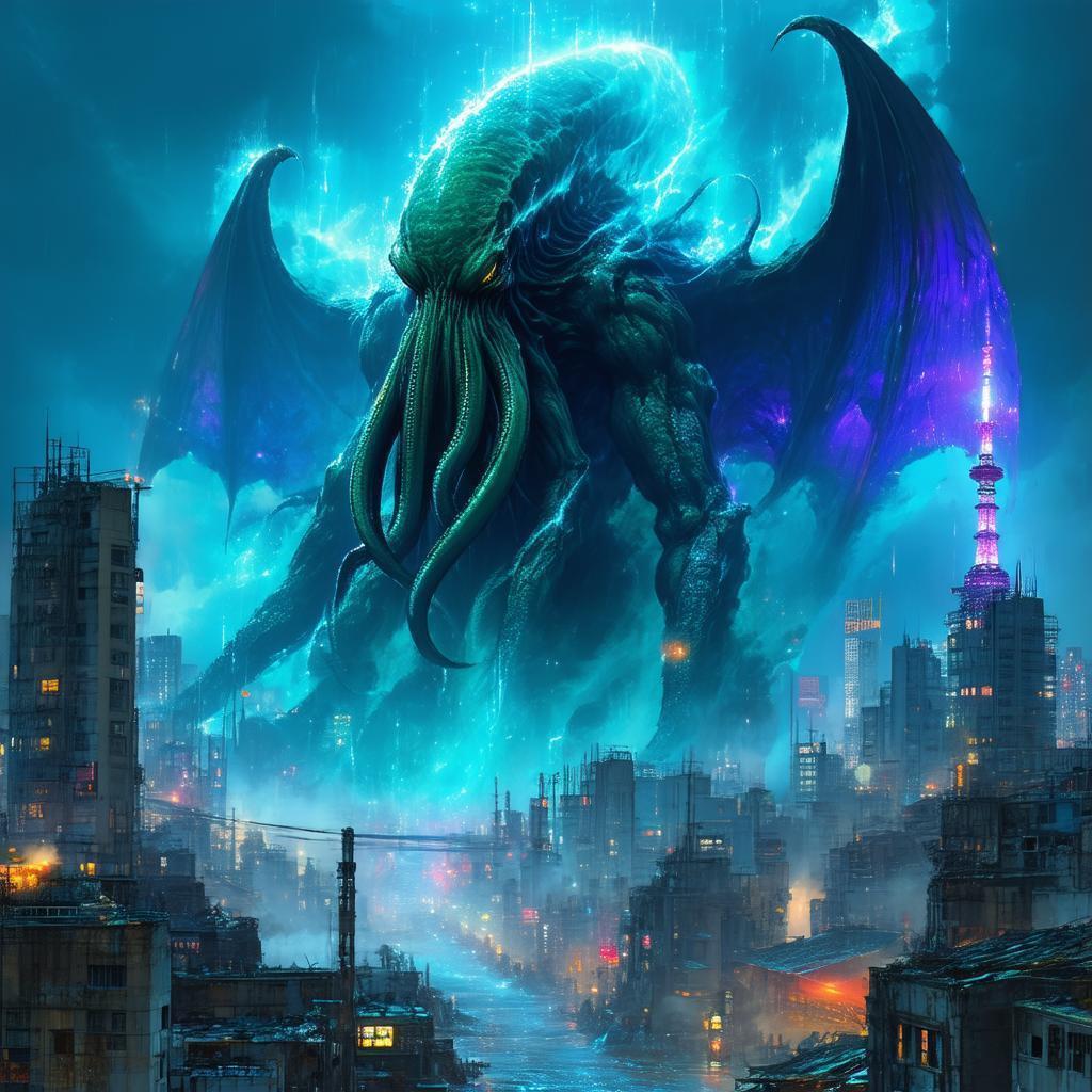 Cthulhu Looming Over Ruined Neo Tokyo