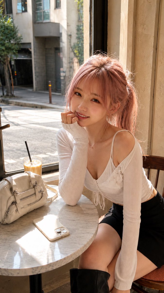 Sunlit Cafe Portrait with High Pony