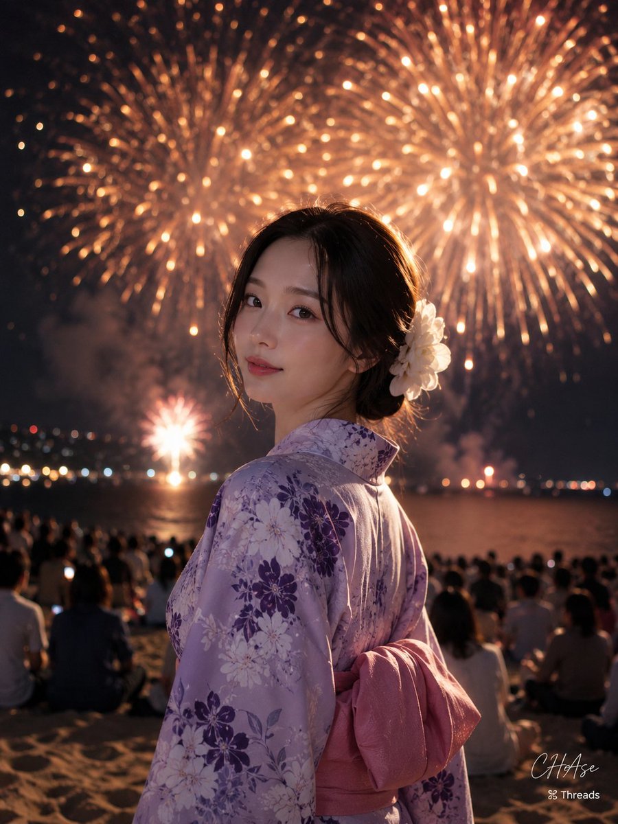 Elegant Japanese Yukata at Beach Fireworks Festival