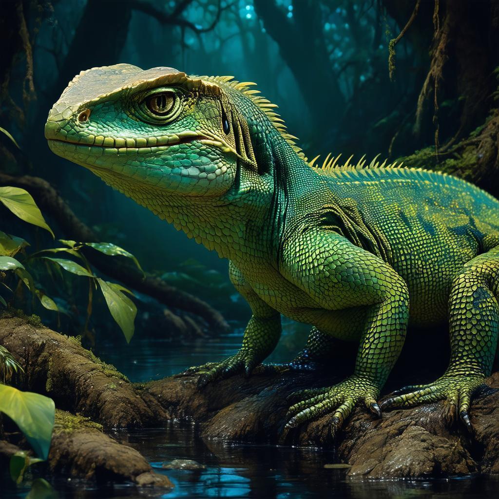 Handsome Werelizard in a Magical Night Swamp