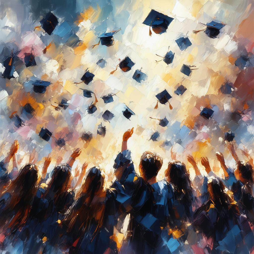 Impressionist Graduates Tossing Caps Into Sunlit Sky