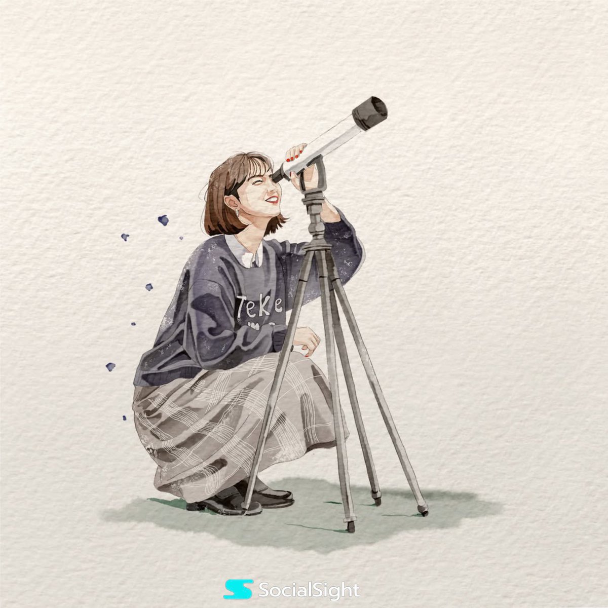 Watercolor Illustration of Woman with Telescope