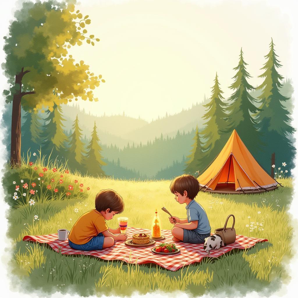 Storybook Meadow Picnic in Golden Watercolor Light