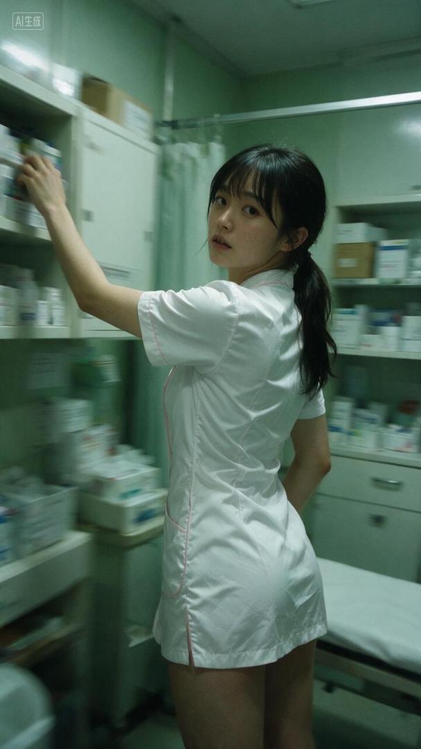 Cinematic Nurse in Medical Storage Room