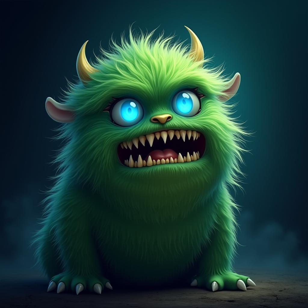 Furry Green Monster With Glowing Blue Eyes