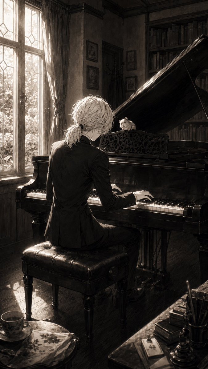 Sepia Pianist and Hamster