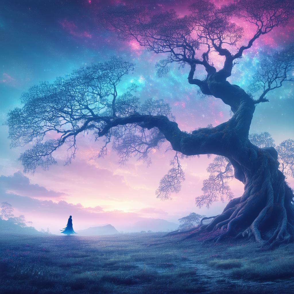 Gnarled Tree and Mystic Under Gradient Skies