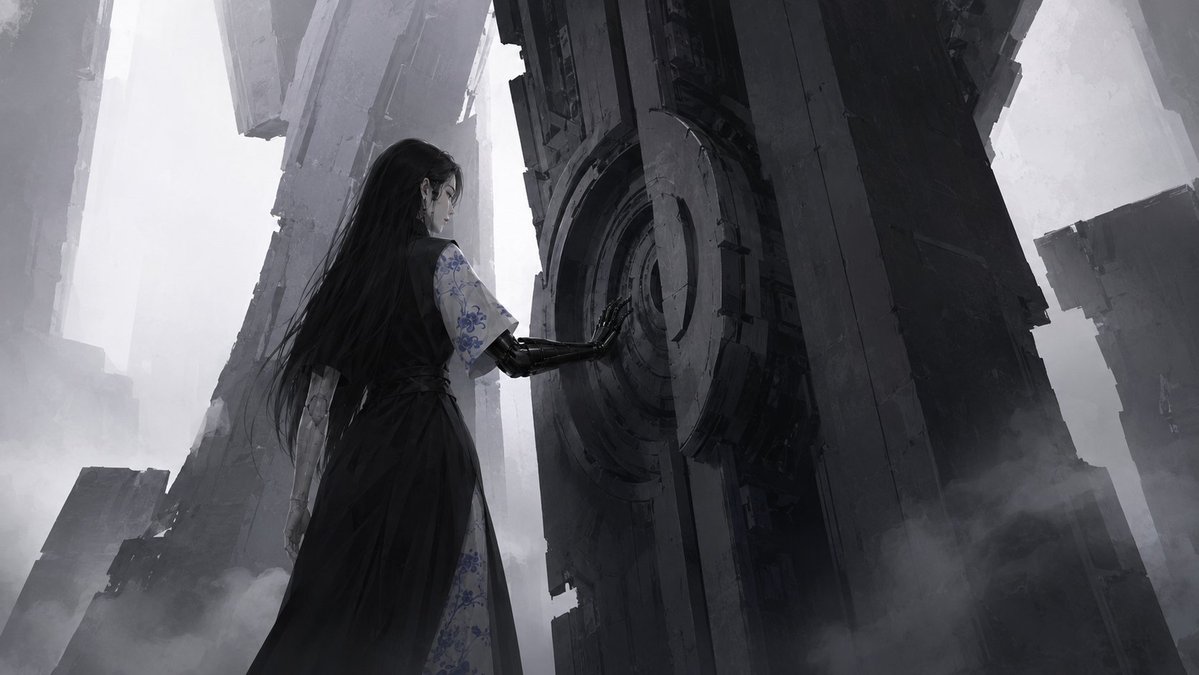 Lone Woman in Ruined Megastructure
