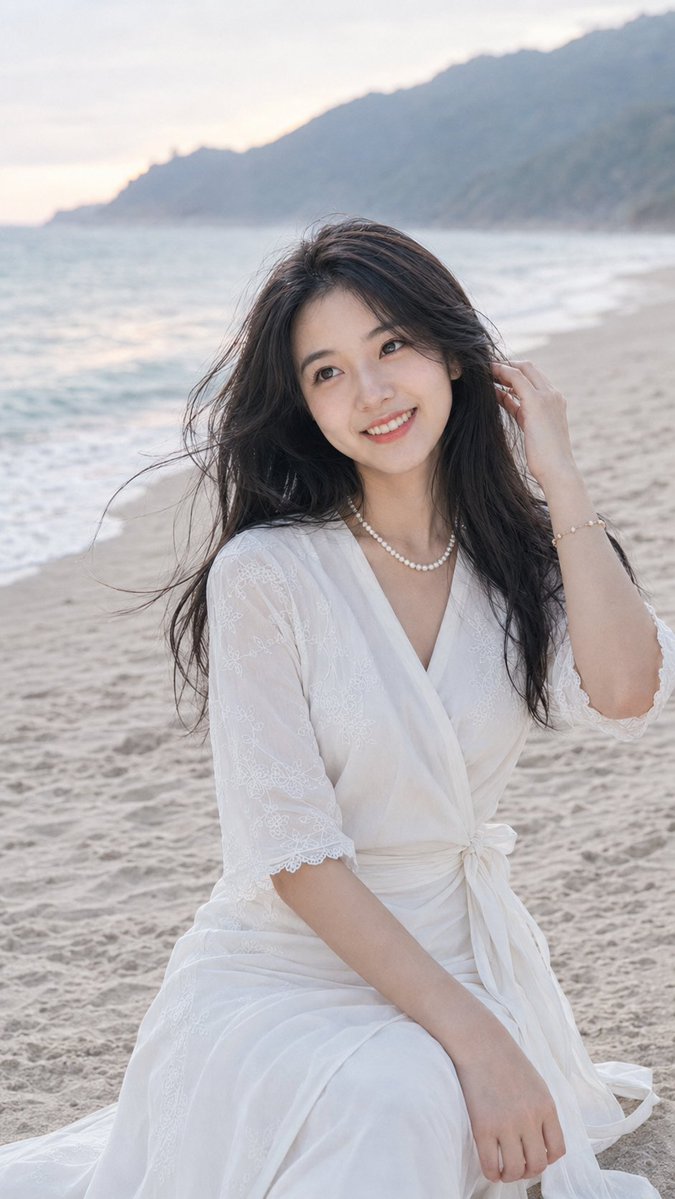 Realistic Seaside East Asian Female Portrait