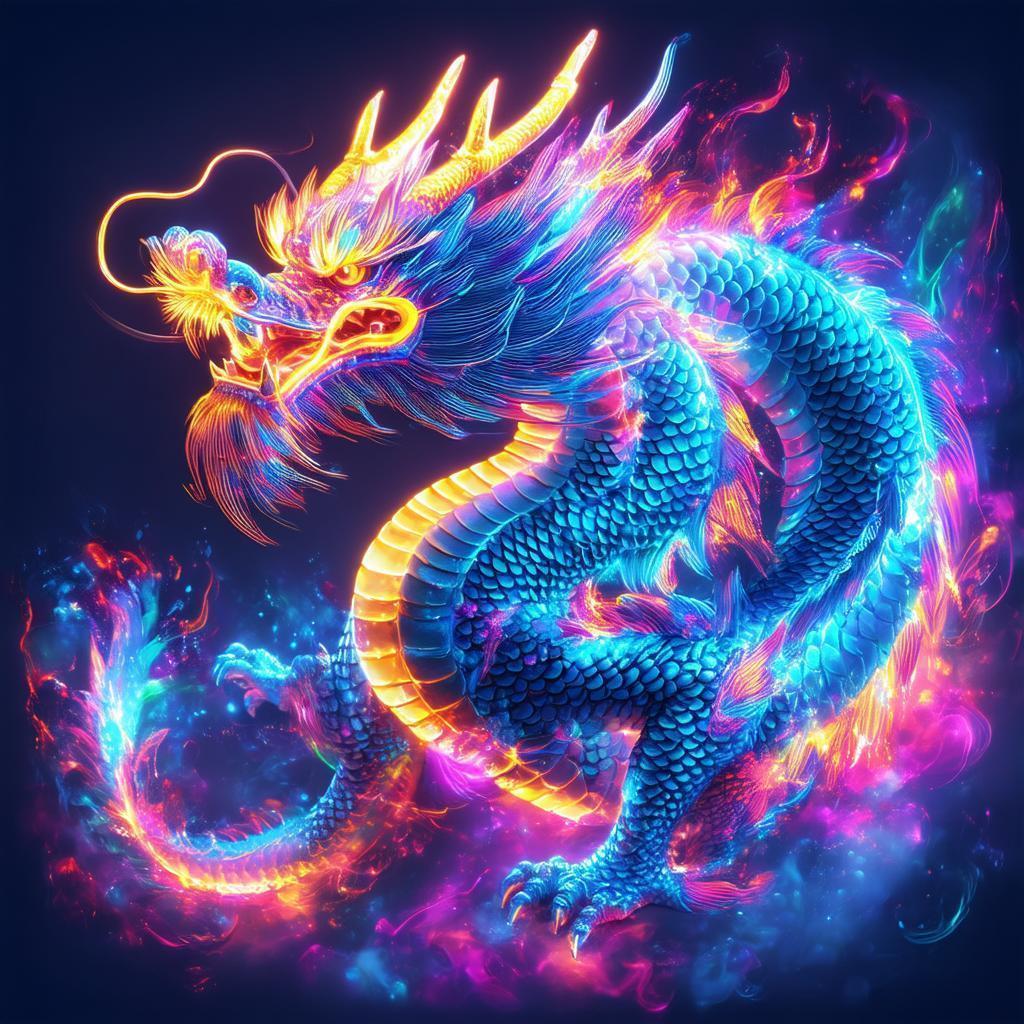 Neon Dragon Coiled in Ethereal Radiant Burst