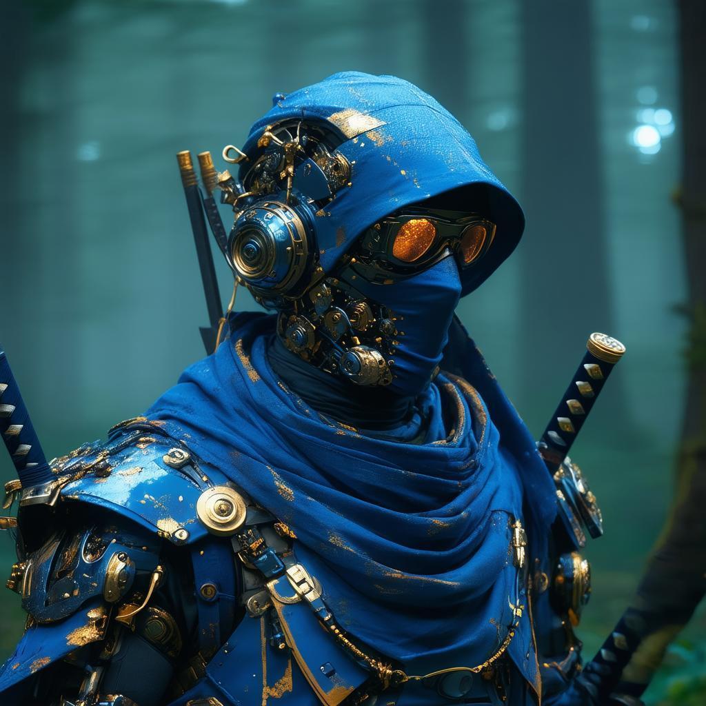 Steampunk Cyborg Ninja in Foggy Blue Forest