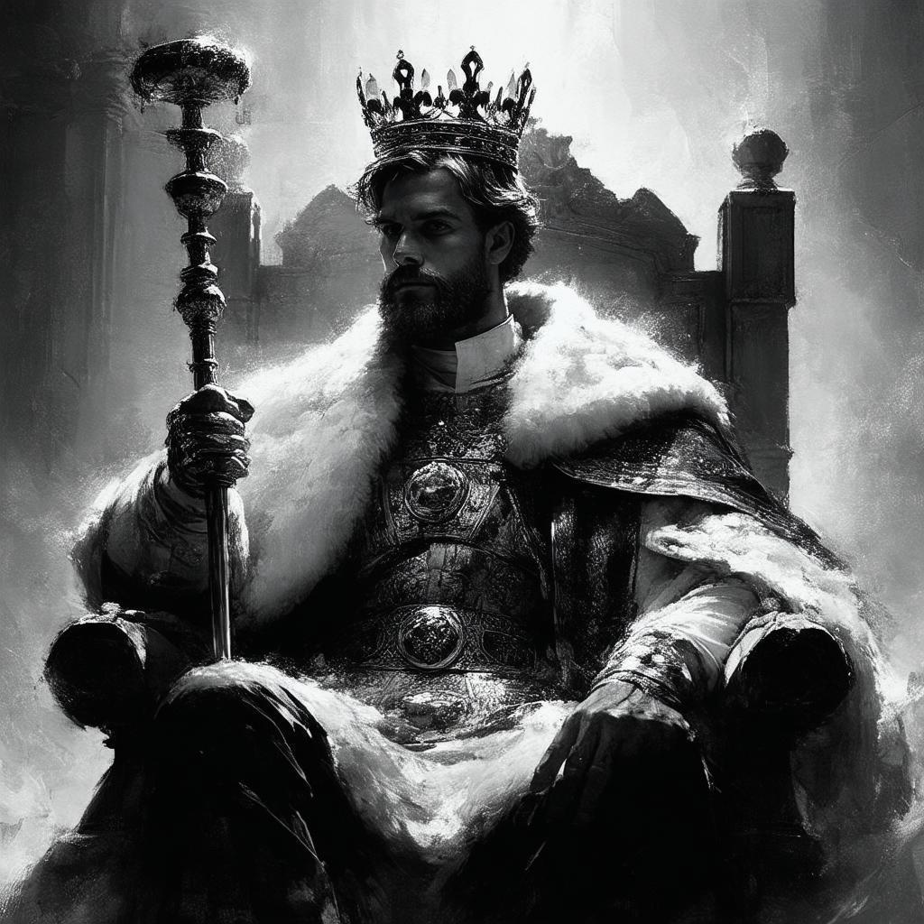 Crowned King Enthroned in Grainy Monochrome