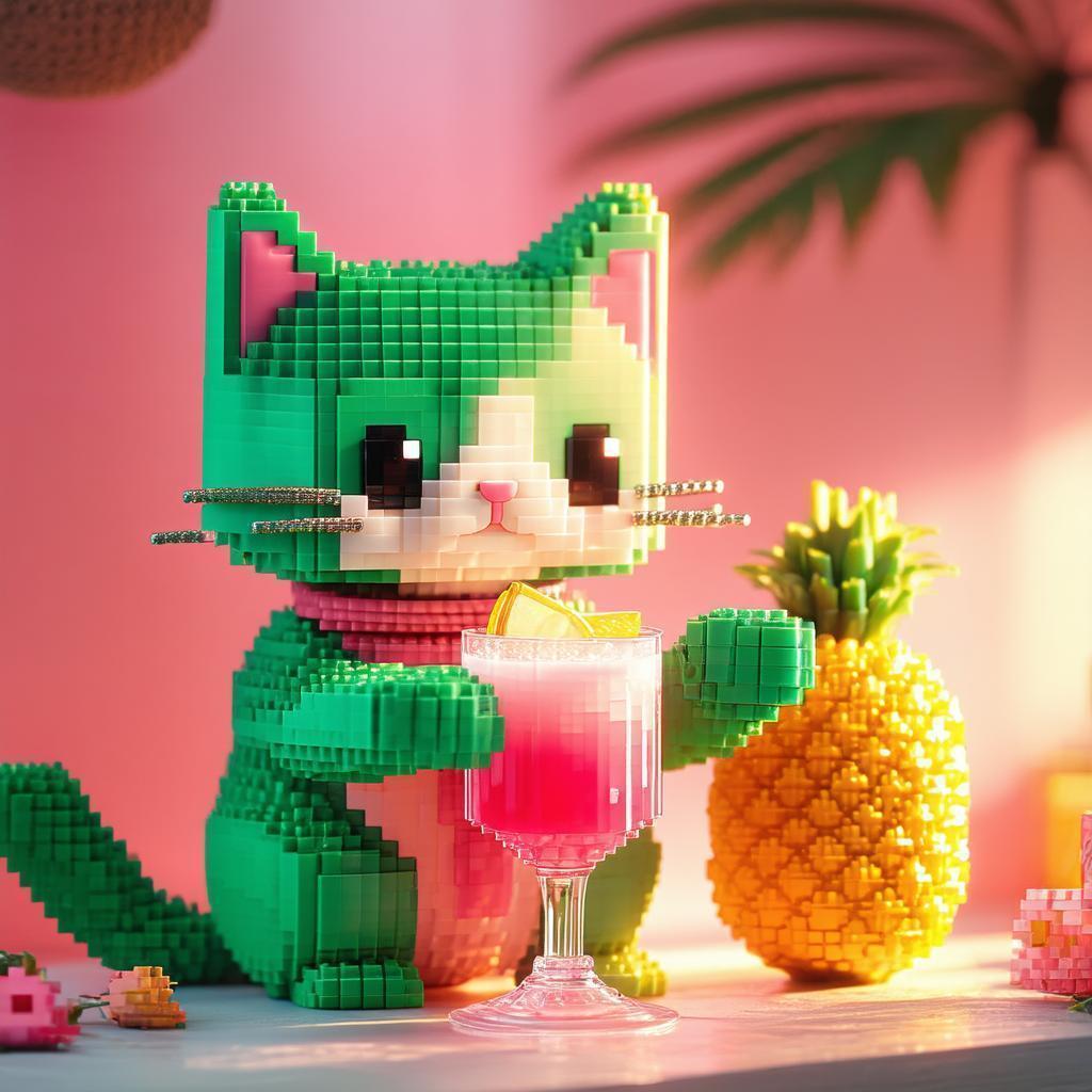 Pixel Cat With Pineapple and Pink Drink