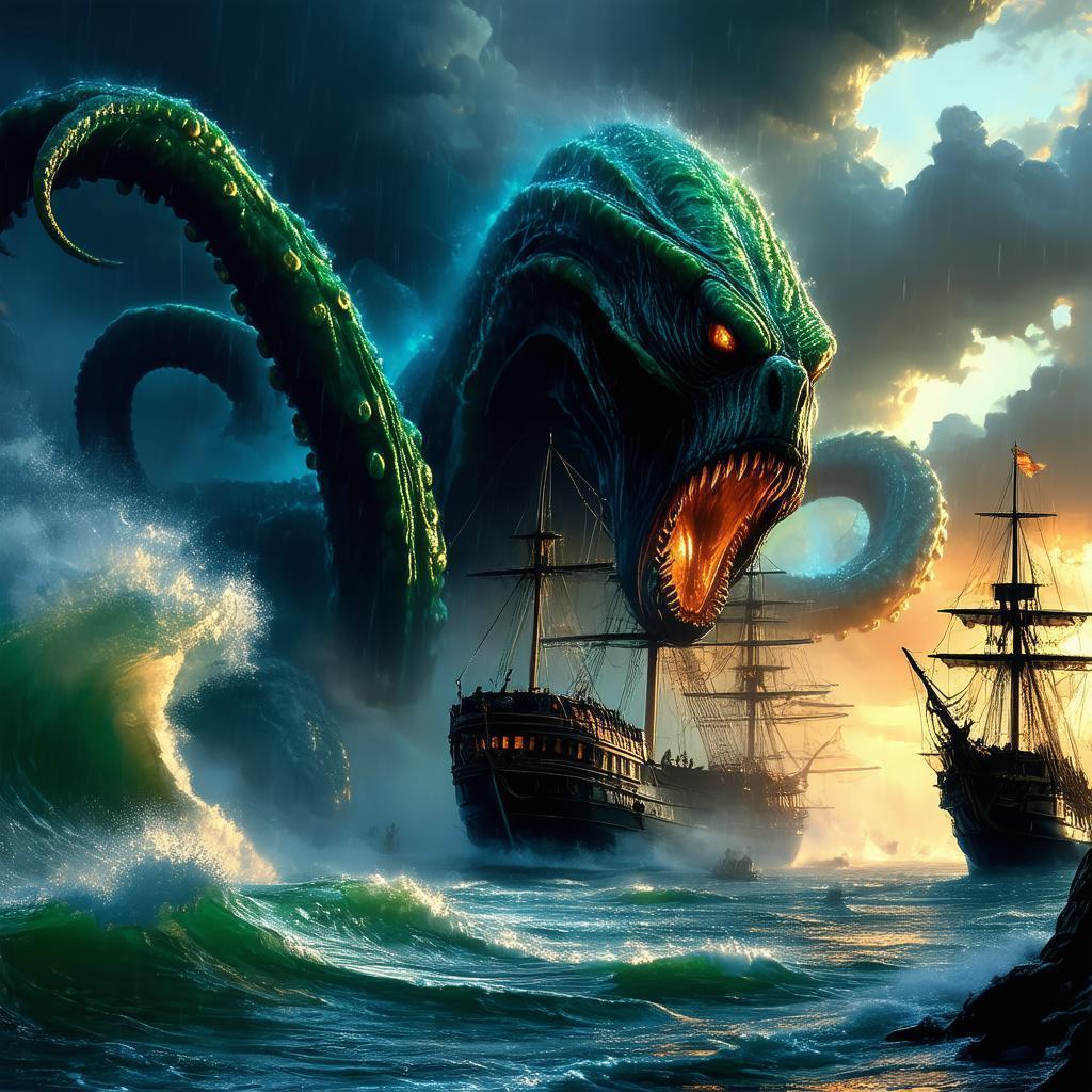 Tentacle Monster Dragging Down a Pirate Ship