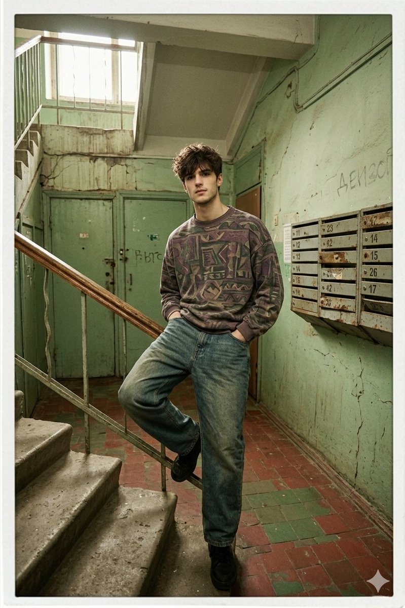 90s Inspired Male Model in Russian Apartment Entrance