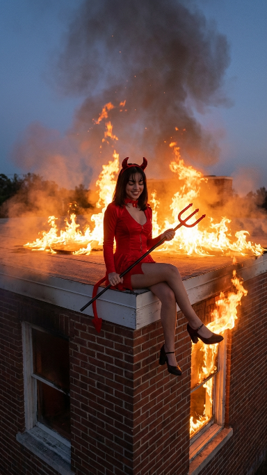 Cinematic Devil Costume on Burning Rooftop at Dusk