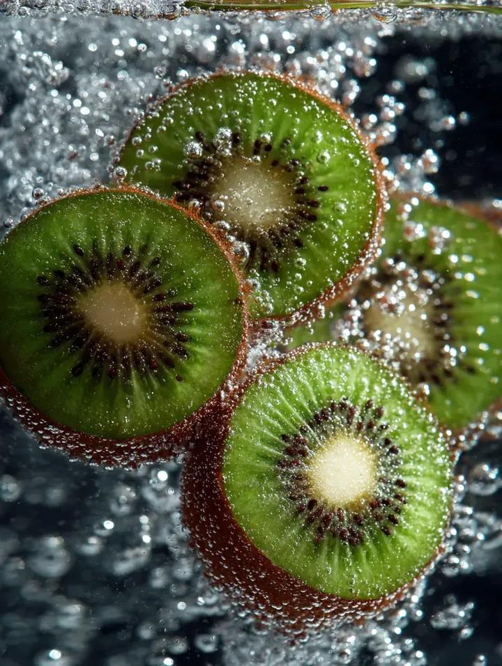 Kiwi Slices in Sparkling Water Macro Shot
