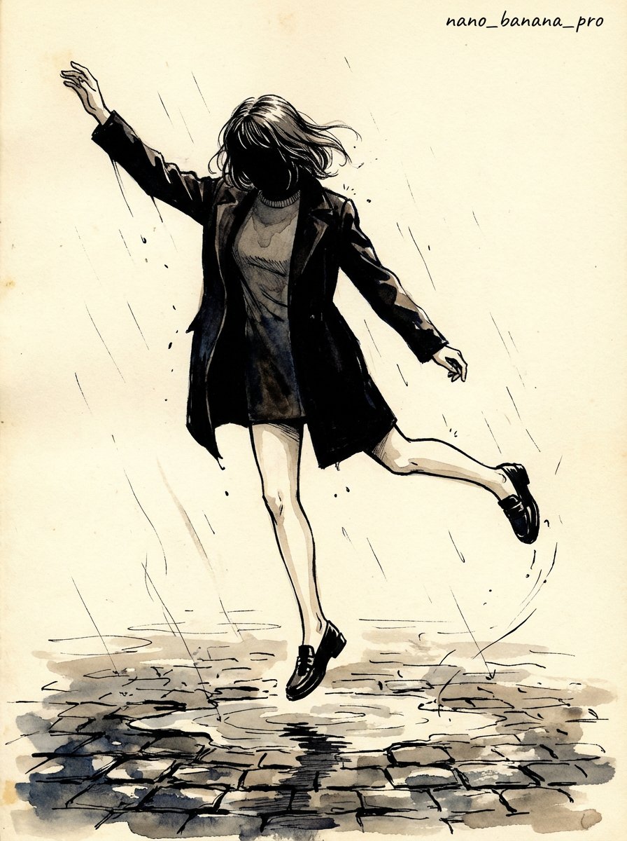 Ink pen style illustration of a woman jumping in the rain