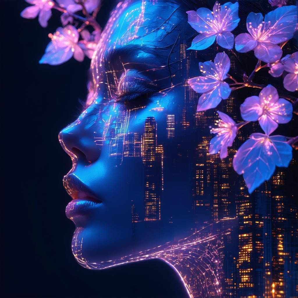 Female Face Etched Inside a Neon Leaf