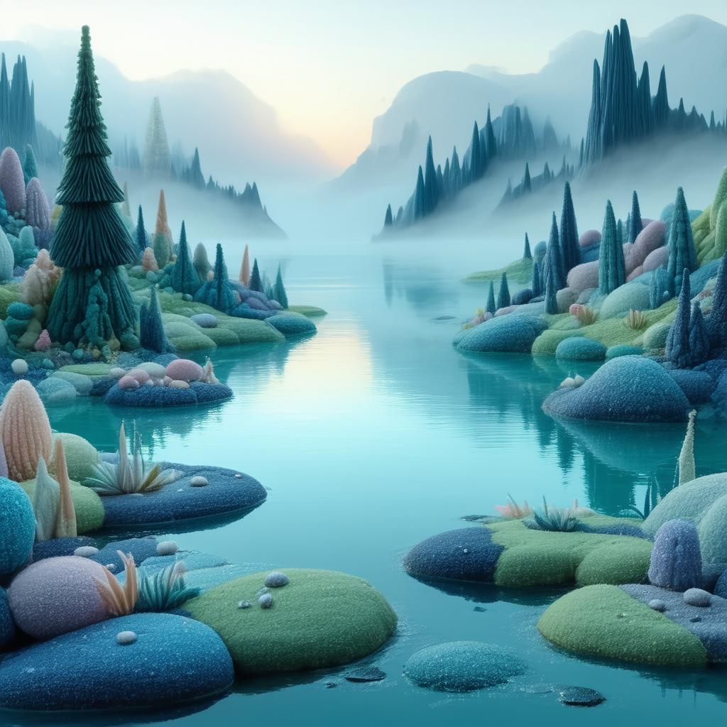 Whimsical Claymation Lake in Foggy Dawn Light