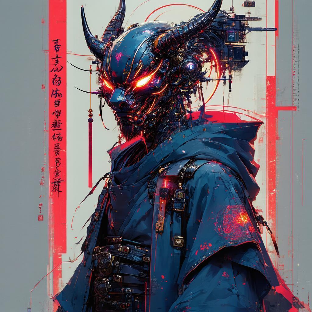 Cyberpunk Android Mindar in Demon Mask Neon