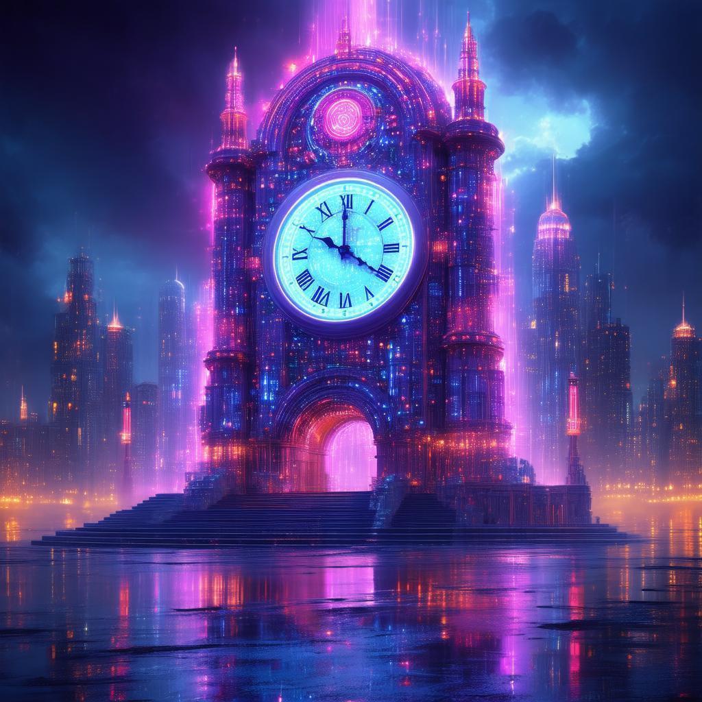 Neon Grand Clock With Intricate Cyber Circuits
