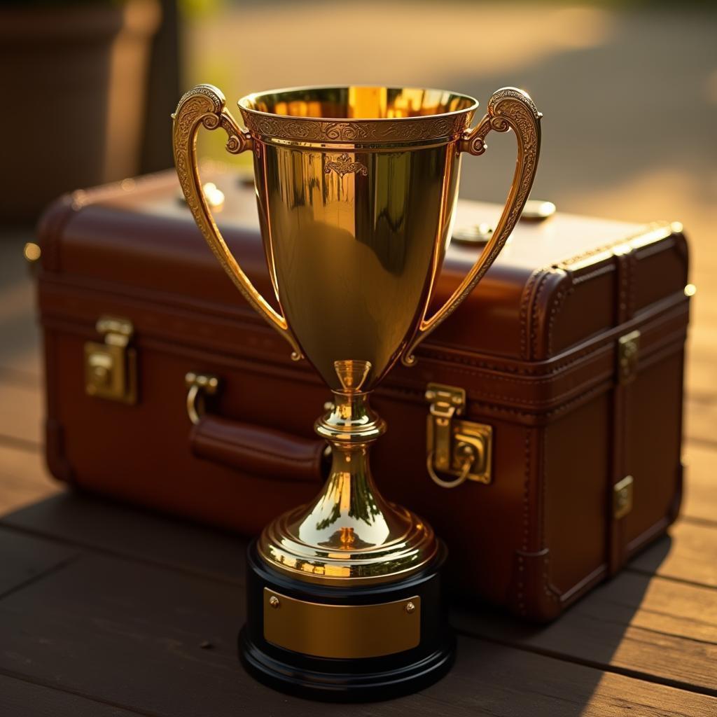 Golden Trophy Defying the Compact Brown Suitcase