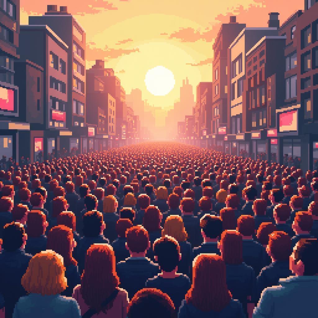 Chibi Pixel Crowd Basking in Golden Light