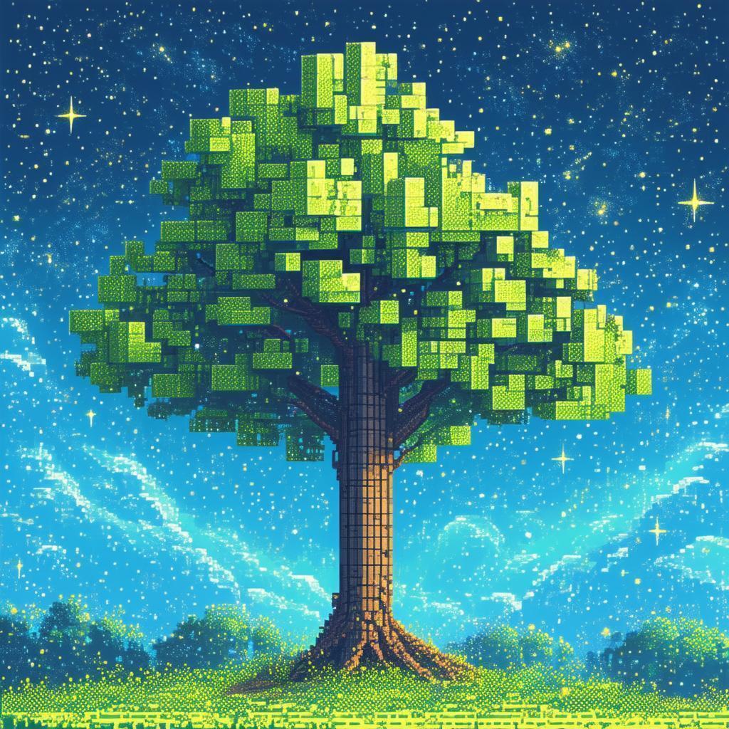 Pixelated Tree Ascending Into a Starry Cosmos
