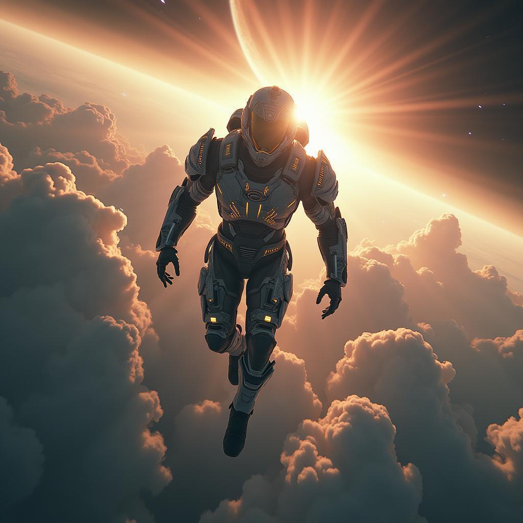 Nanosuit Falling Through Shimmering Jupiter Clouds