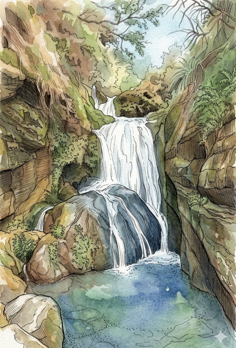 Tropical Oasis Waterfall Watercolor Illustration